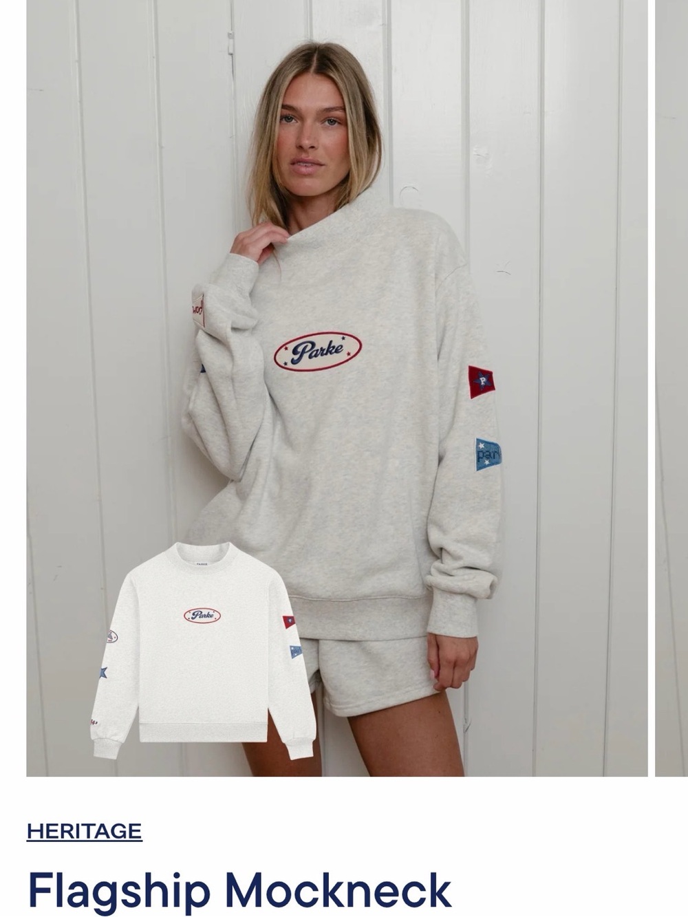 Parker Cream Mockneck Crewneck Sweatshirt with Red & Blue Logo Accents